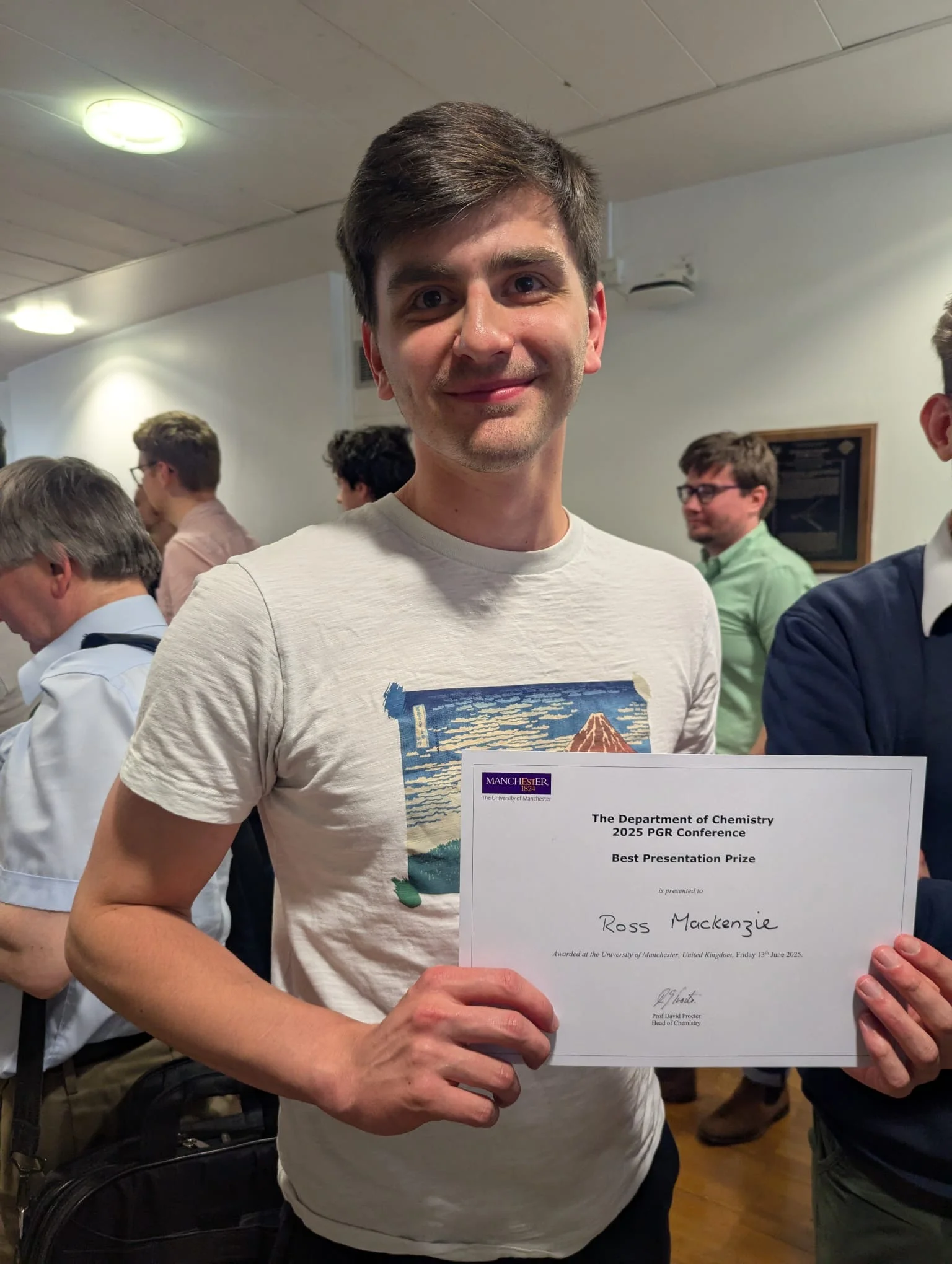 Ross with his talk prize certificate at the UoM chemistry 2025 PGR conference